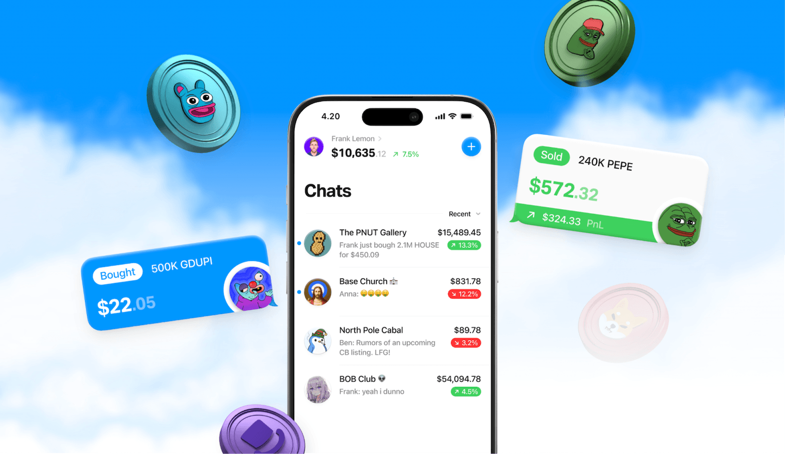 Send It screenshot, showing group chat with wallet features.